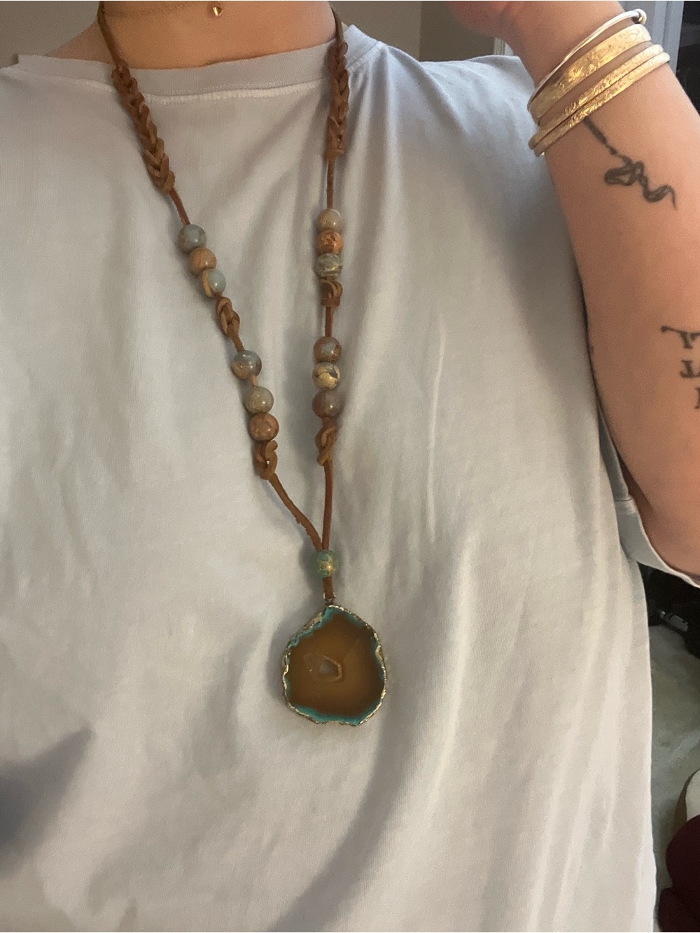 Boho Agate Pendant Necklace in Brown and Turquoise